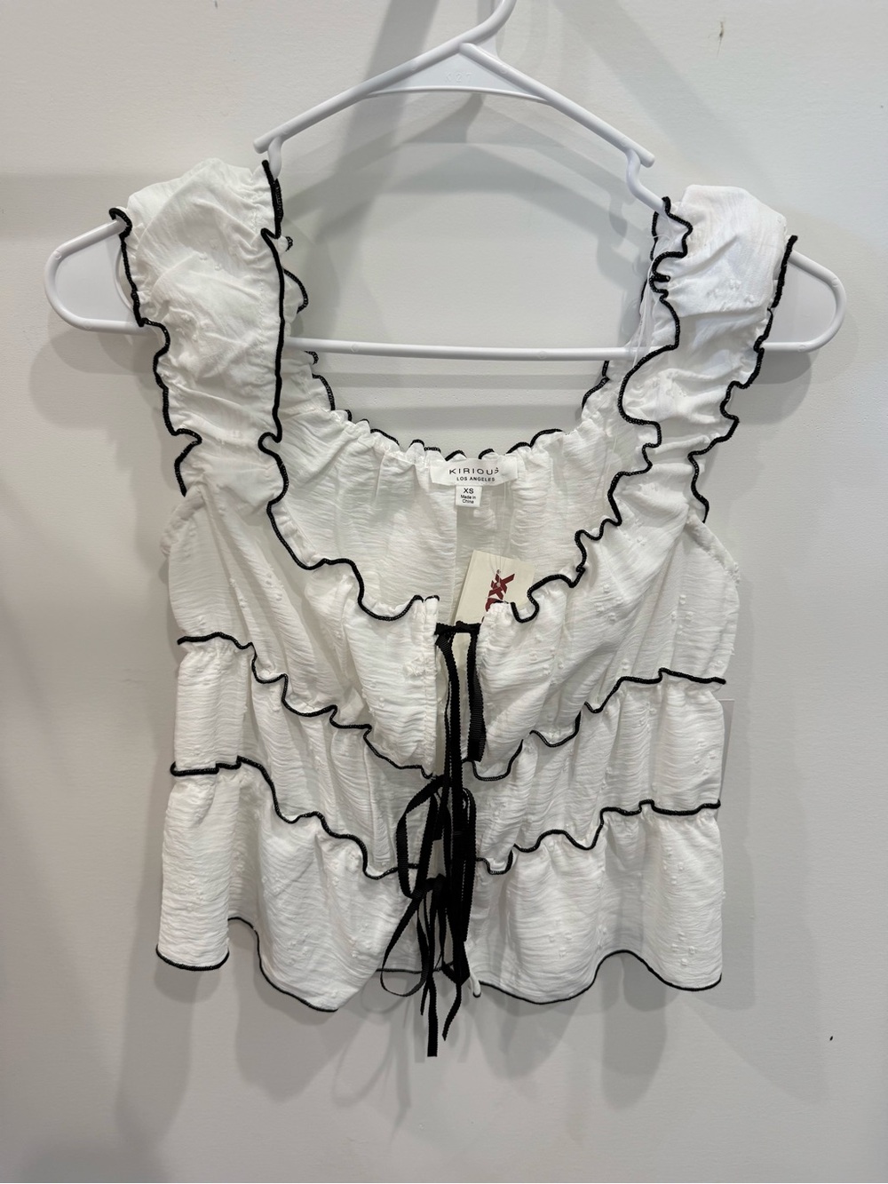 Kikiriki White Ruffle Crop Top with Black Trim